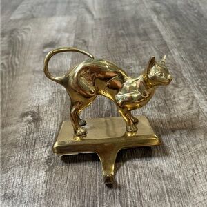 Vintage heavy brass cat stocking holder- shelf hook gold color